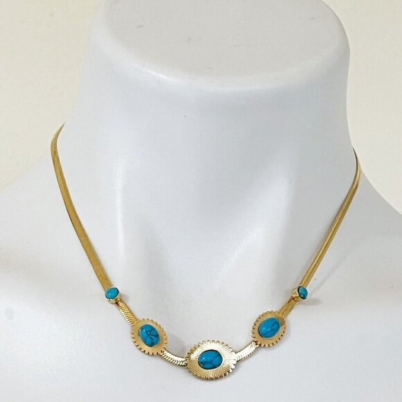 18K Gold plated Turquoise Herringbone necklace Stainless Steel womens jewelry - Picture 9 of 11